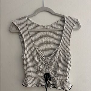 Free People White and Black Striped Ruched Drawstring Crop Top